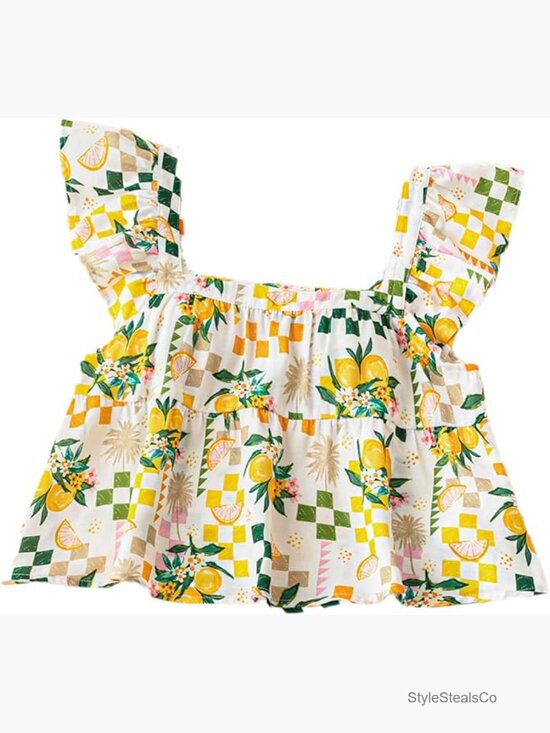 Tops - Printed Square Neck Crop Top Cap Sleeve Ruffle Hem Blouse
